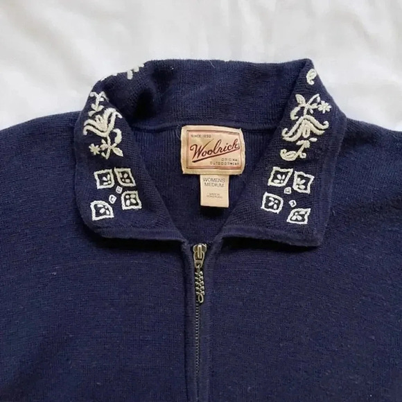 VTG Woolrich Full Zip Cardigan Navy Embroidered Sz M Cottagecore Grandma - Picture 8 of 8